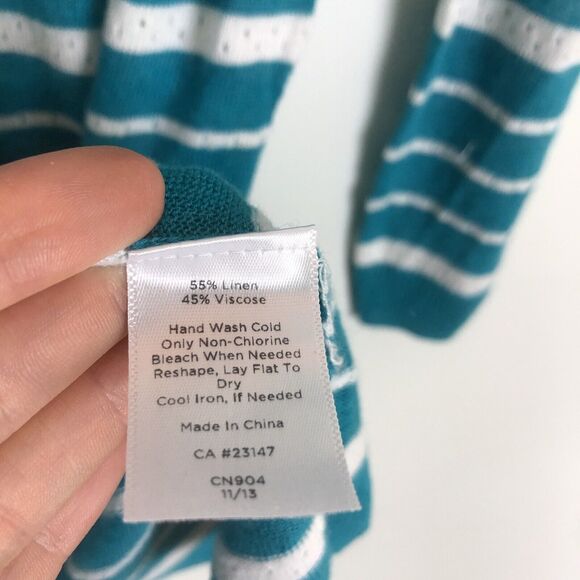 Talbots Teal White Linen Blend Knit 3/4 Sleeve Striped Sweater Women's Size XS - Picture 4 of 4